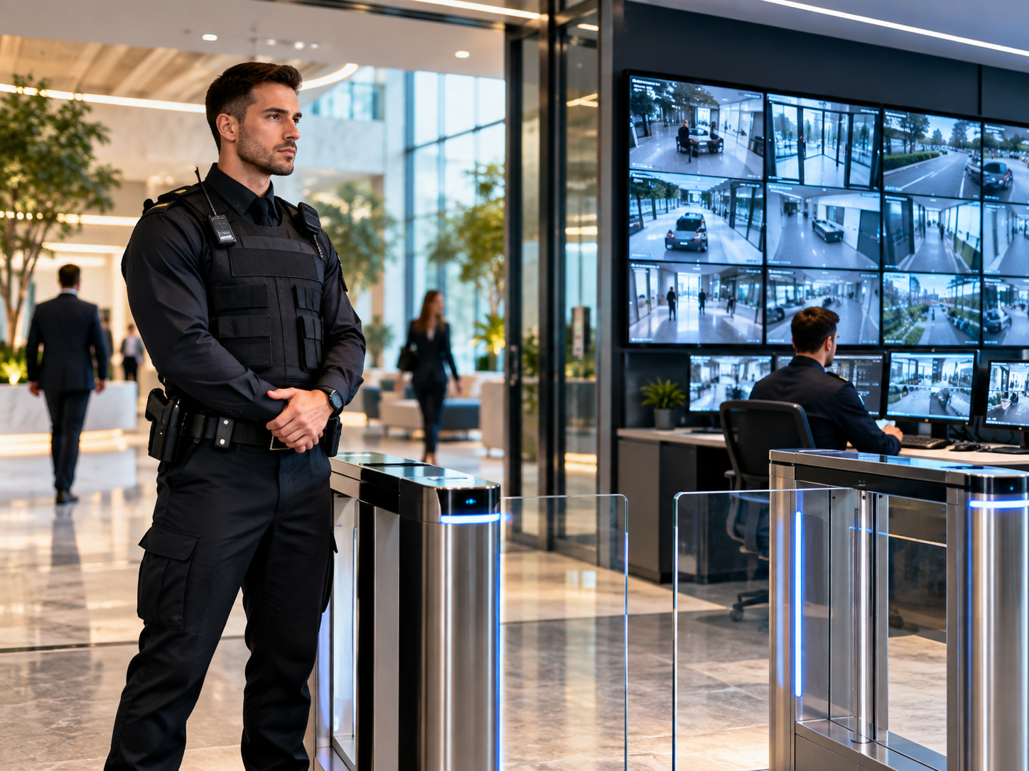 Security guard coordinating via radio while on duty